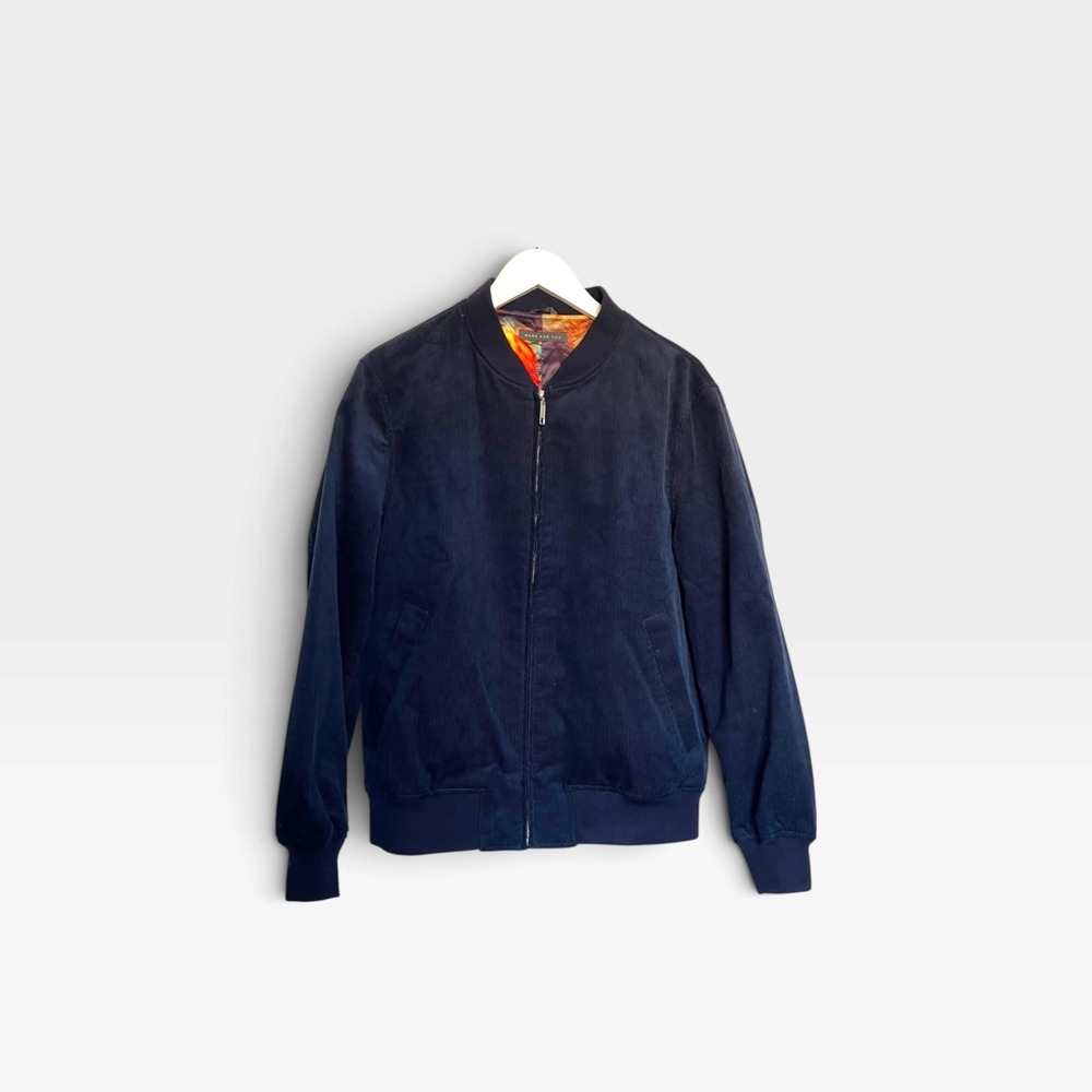 Indochino Made For You Navy Blue Corduroy Bomber Jacket Custom Print Lining